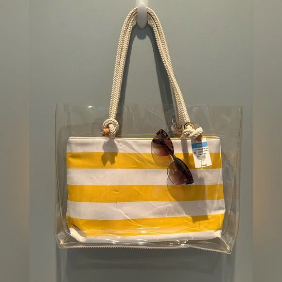 NWT J.McLaughlin Harper Clear Yellow Stripe Tote Stadium Beach Bag Rope - Picture 2 of 12